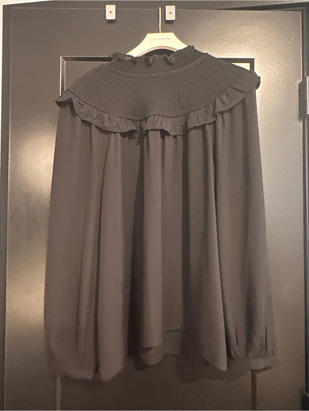 NWT LOFT Black Smocked Ruffle Collar Long Sleeve Blouse